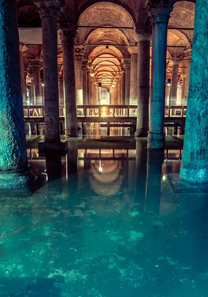 The eerie blue Basilica Cistern - an essential stop on your One Day in Istanbul Itinerary.