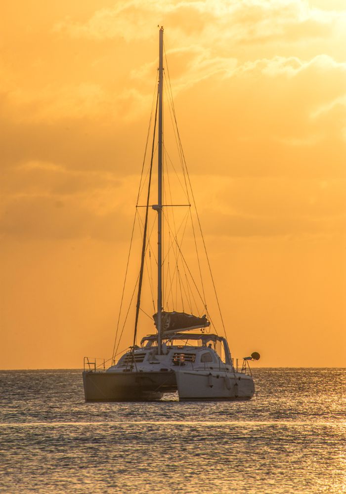 A catamaran sailing in the golden sunset, one of the best Things To Do in Moorea, French Polynesia.