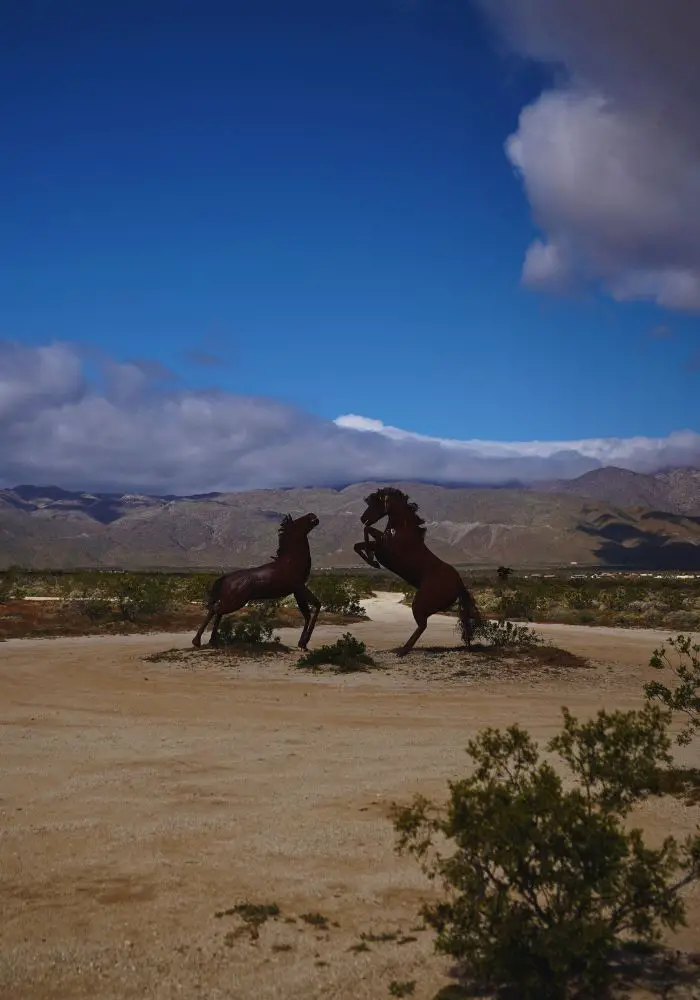 The Borrego Springs Sculptures at Galleta Meadows showing two horses fighting.