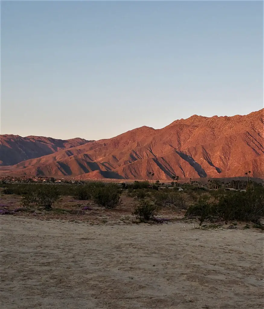The rugged mountains serve as a back drop for the Borrego Springs Sculptures at Galleta Meadows.