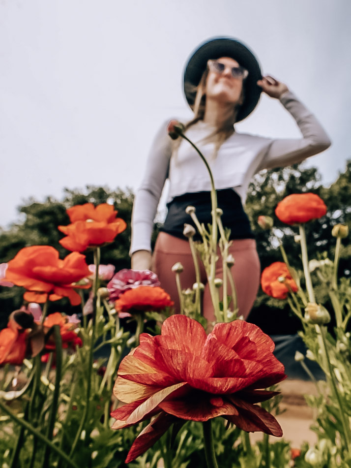 Monica walking int he bright red Carlsbad Flower Fields on a sunny day.