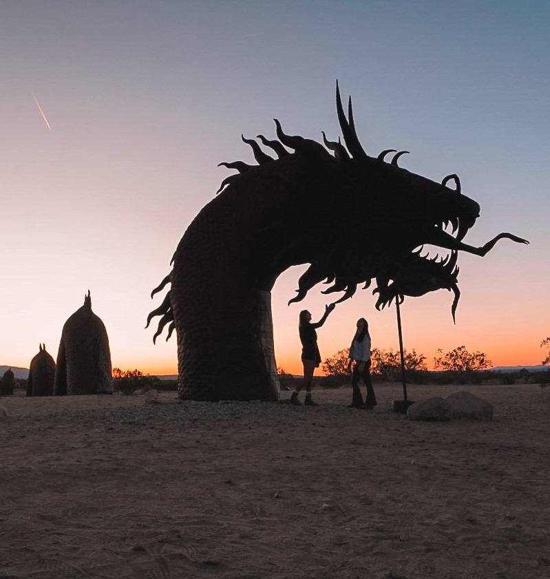 Monica and Dana exploring the Galleta Meadows sculptures, one of Things To Do in Borrego Springs, California.