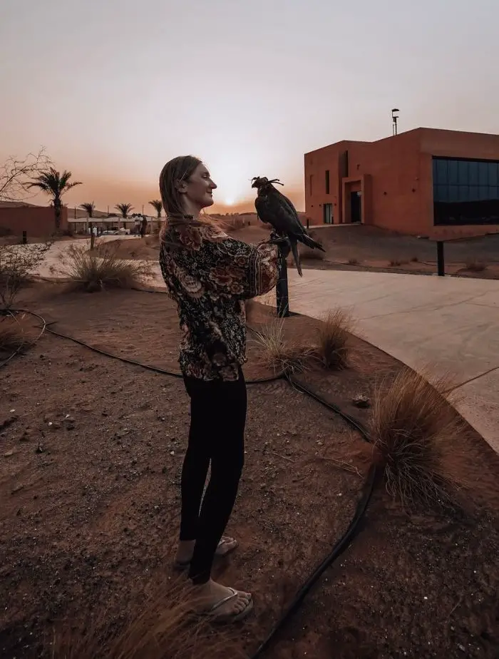 Monica with a falcon in the UAE - Doha vs. Dubai: Which is Better?