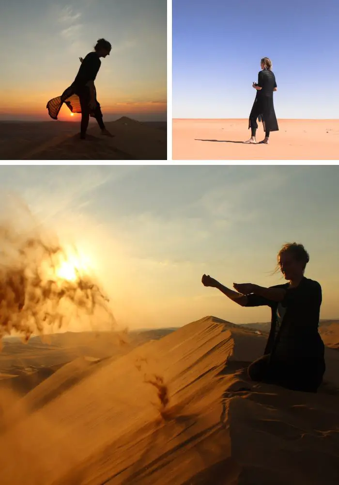 Monica in the Liwa Desert and on top of Tal Moreeb Dune.