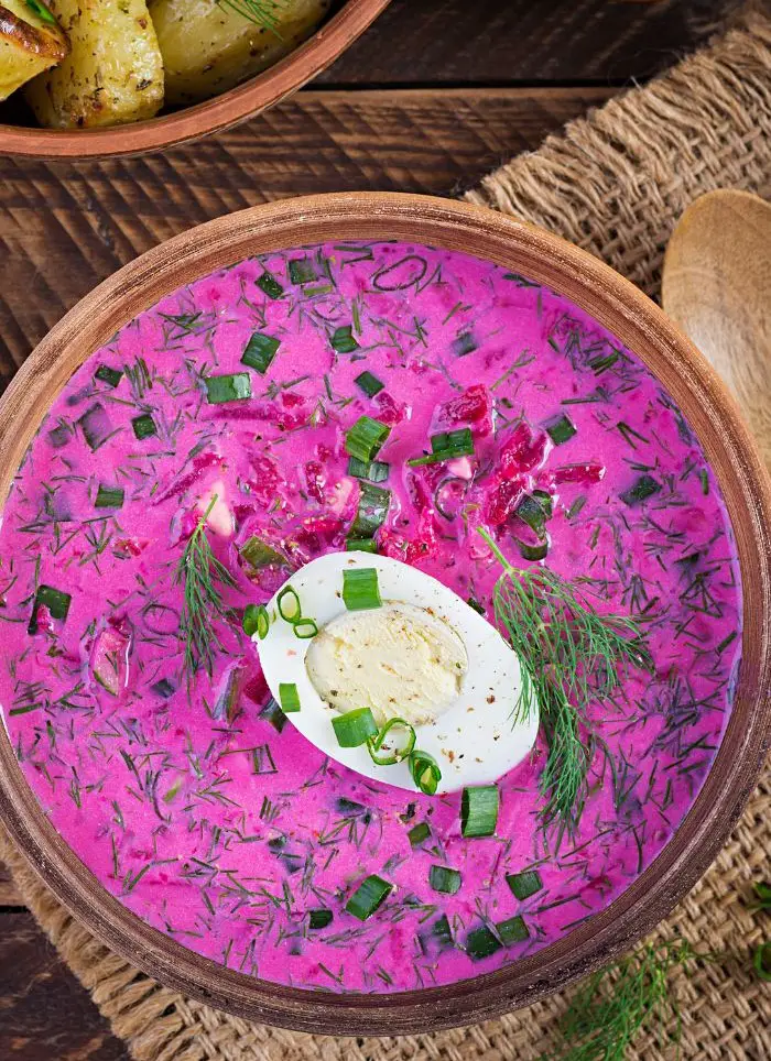 Bright pink beet root soup is vegetarian - which you can find if you use The Best Trip Planning Websites for Travelers.