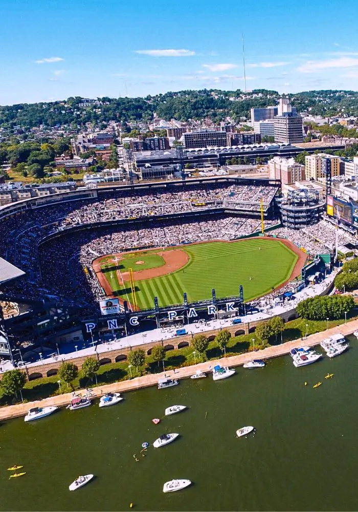 An aerial view of PNC Park, one of the best places to visit in Pittsburgh, PA.