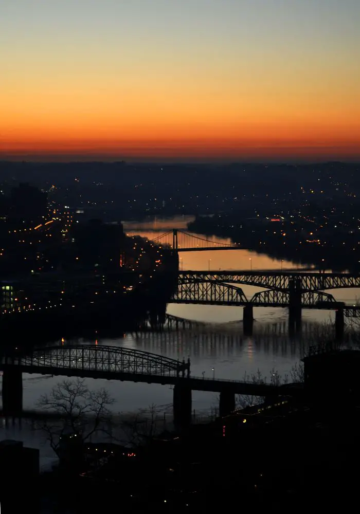 An overhead view of the bridges below, one of the best things to see in Pittsburgh, PA.