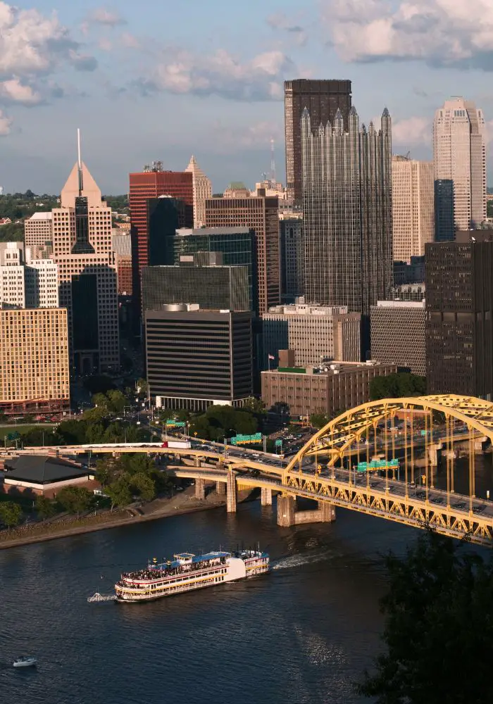 The overhead view of Pittsburgh's bridge and skyline.