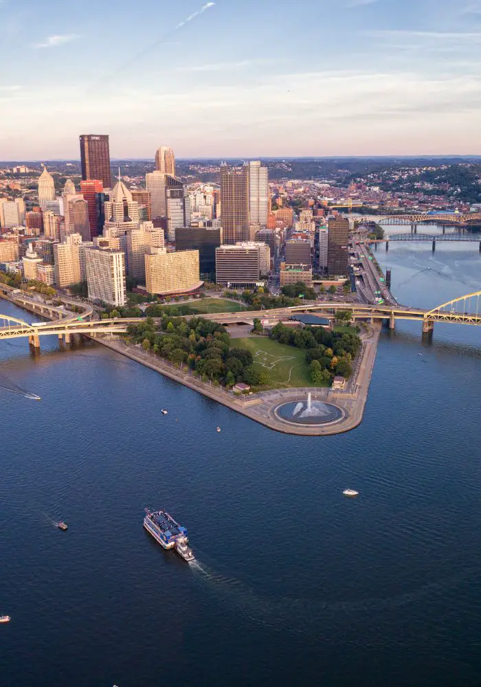 The triangle shaped Point State Park, one of the best things to do in Pittsburgh, PA.