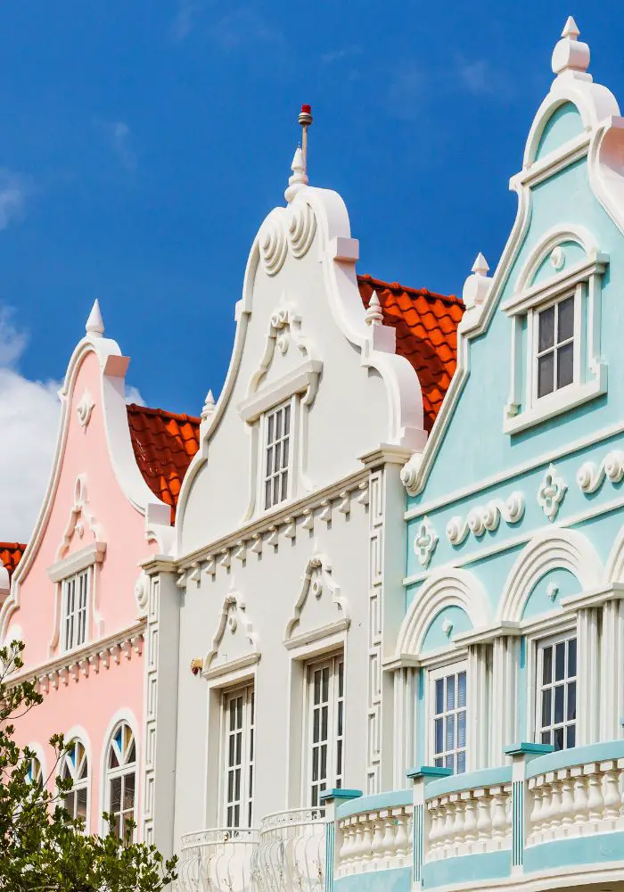The colorful facades of Oranjestad's buildings.