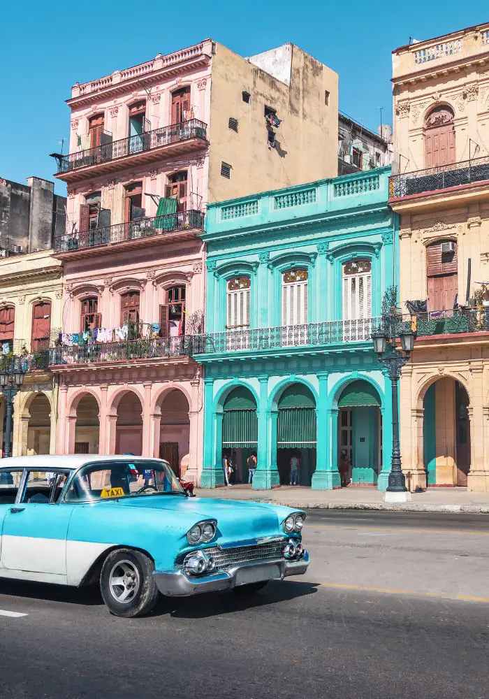 The bright pink and blue architecture n Cuba, one of the best Caribbean islands close to Florida.