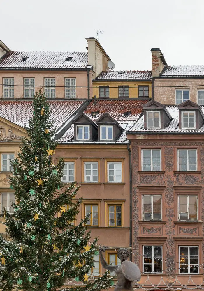A Christmas tree and snow in Warsaw, Poland.