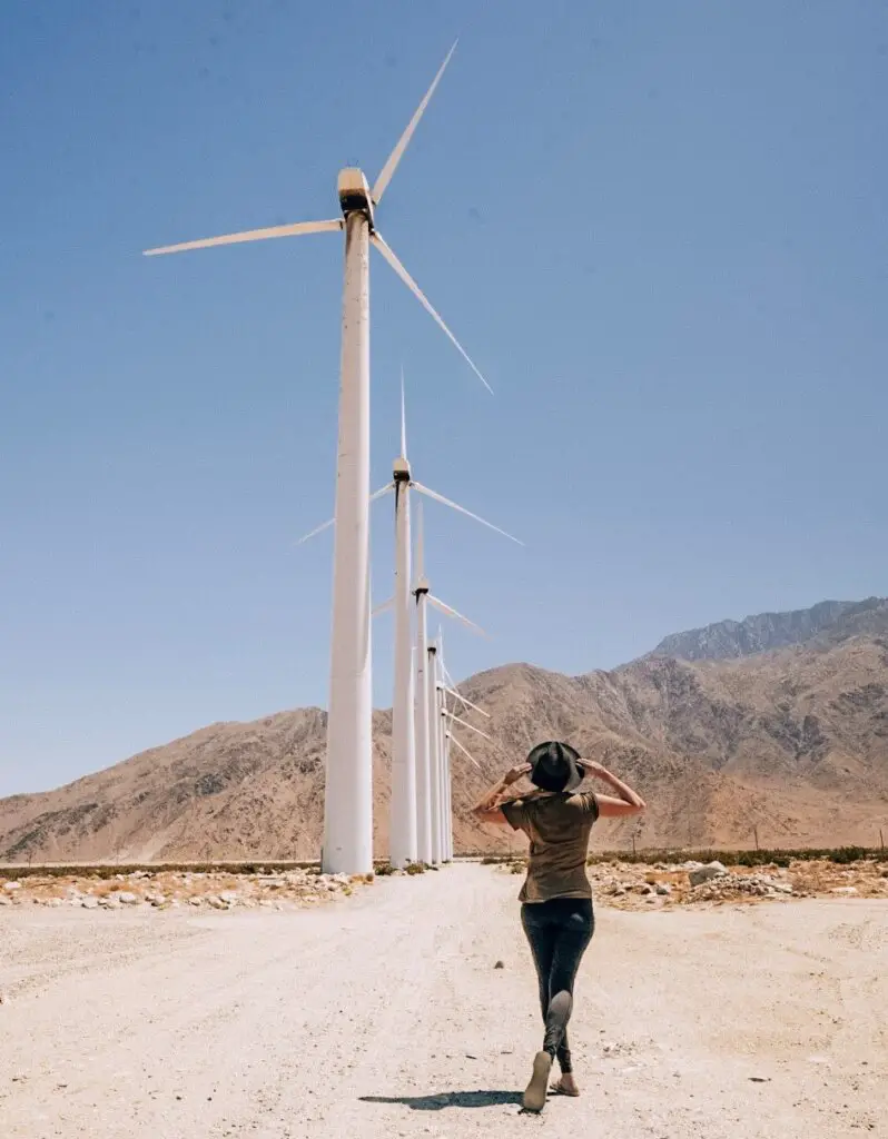 Monica next to the white windmills at Palm Springs, one of the best weekend trips from San Diego.