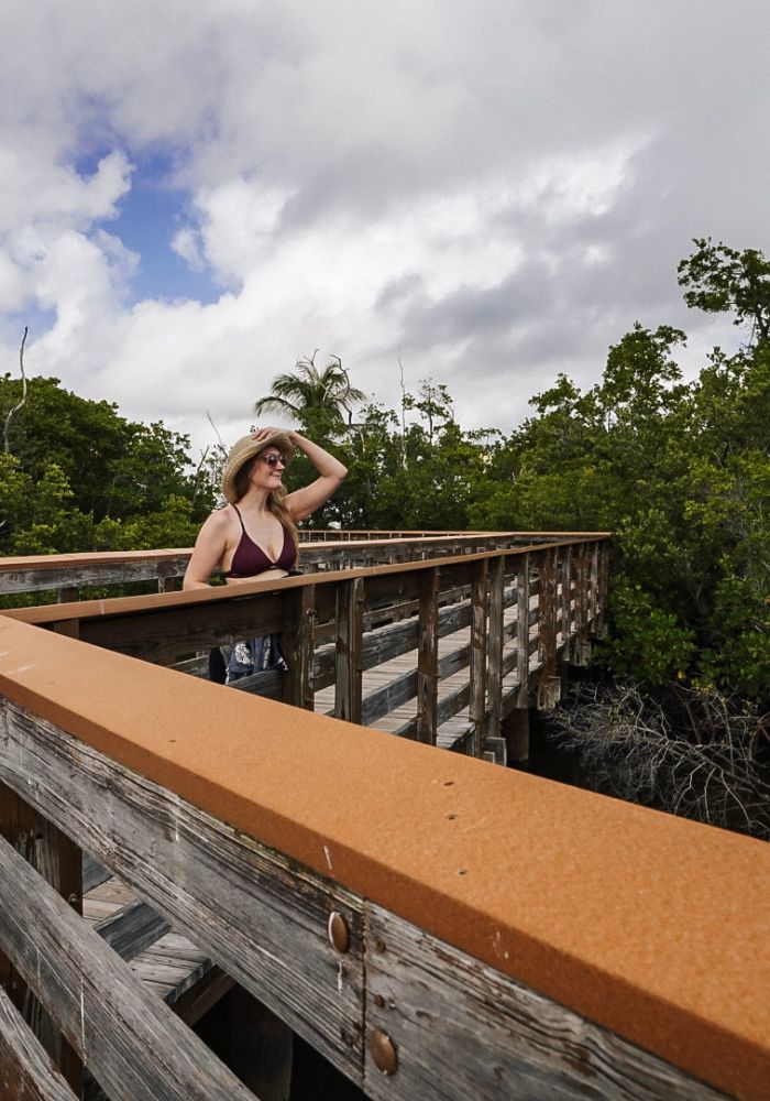 Monica on the boardwalk at Peanut Island, one of the best islands close to Florida.