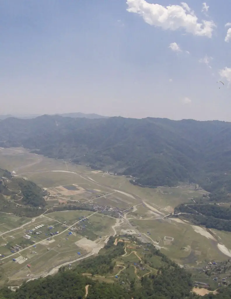 An aerial view of the landscape, taken while paragliding in Pokhara, Nepal.