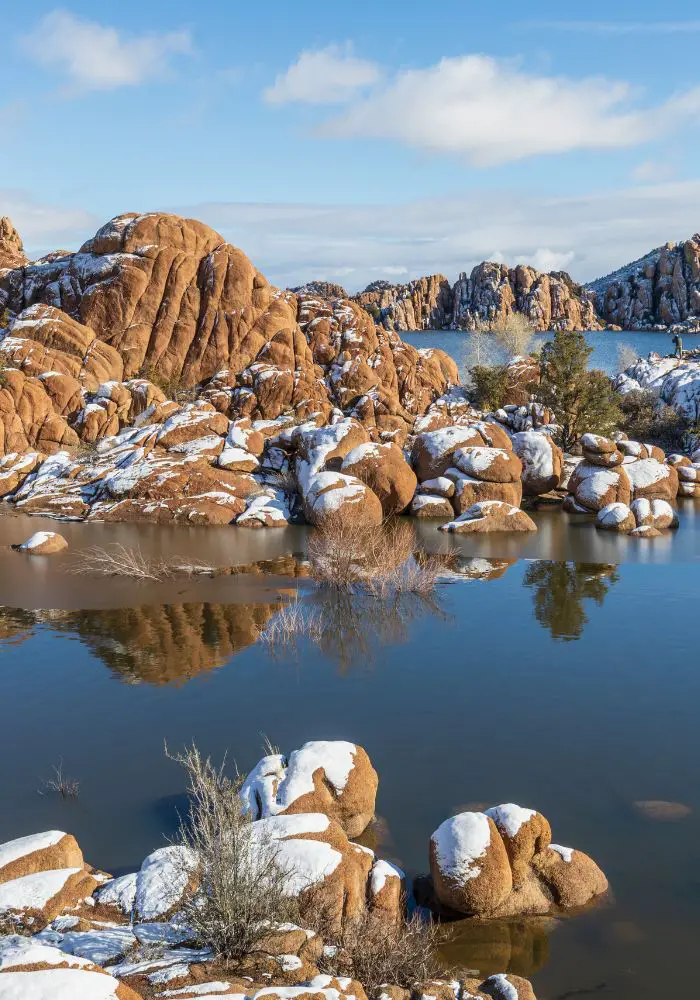 A pile of rocks and water in Prescott, one of the places you can see snow in Arizona.