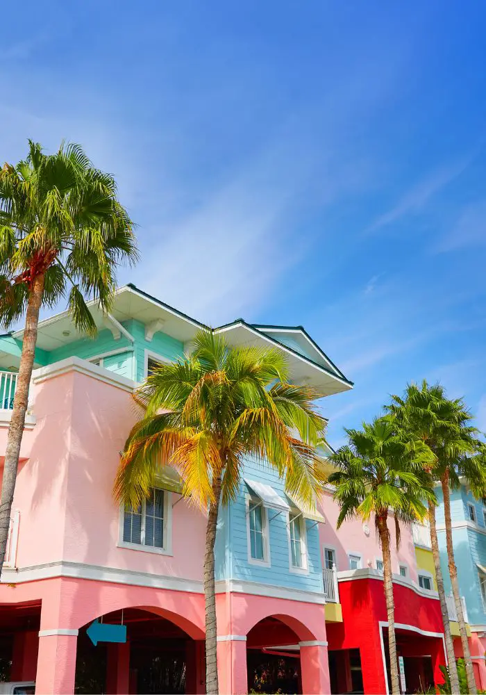 The bright colorful buildings in Fort Meyers, one of the warmest places in Florida in February.