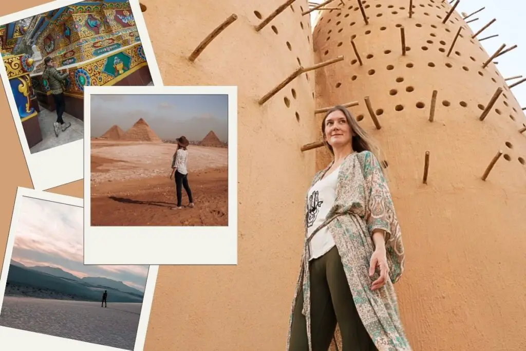 A collage of Monica solo traveling the world in Qatar, USA, Egypt, and Nepal.