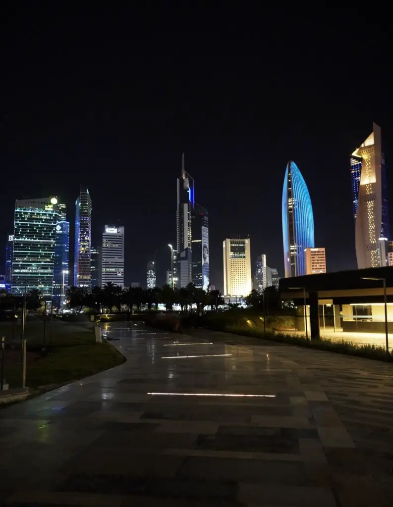 Kuwait City at night, with empty and safe walkways.