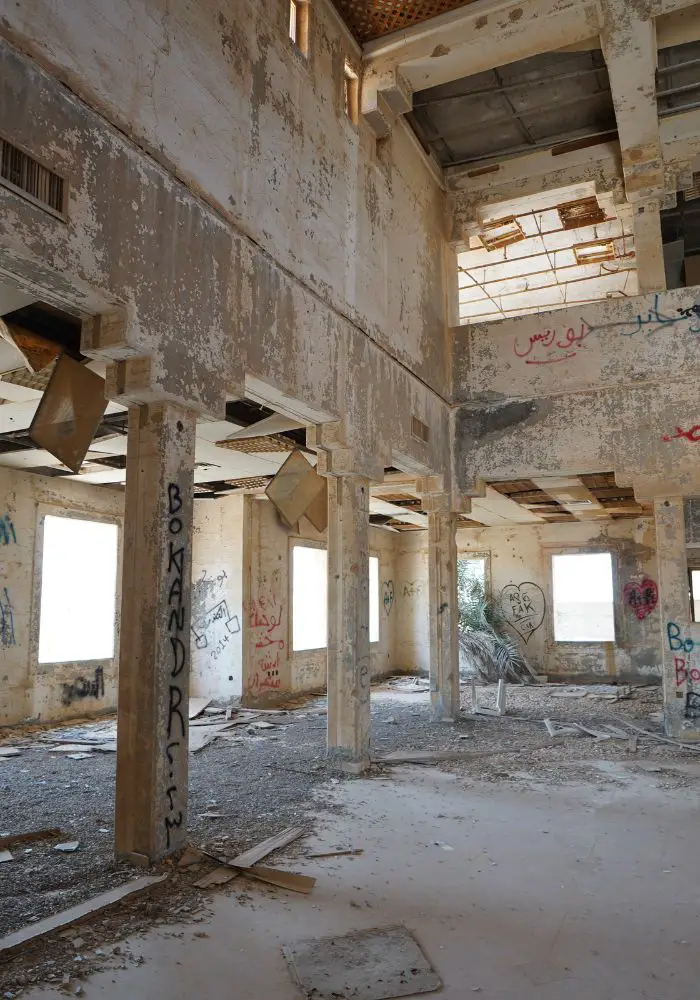 The ruins and destruction seen on the inside of Failaka Island's National Bank.