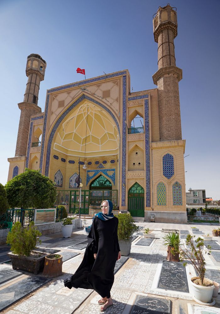 Monica in a long black abaya exploring Afghanistan.