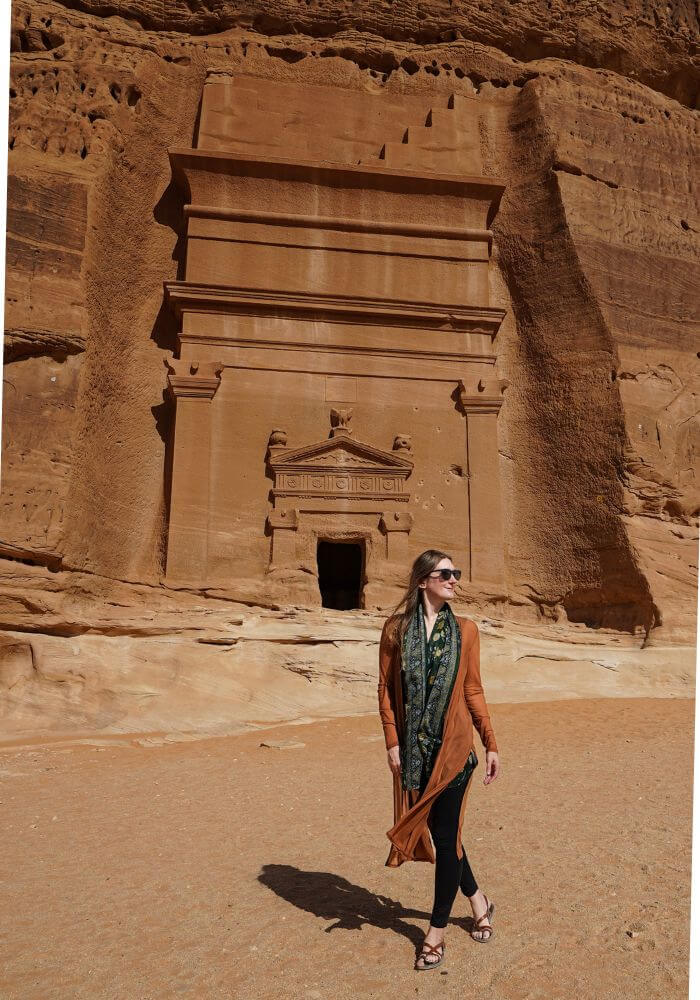 Wearing a long kimono and scarf in Saudi Arabia.