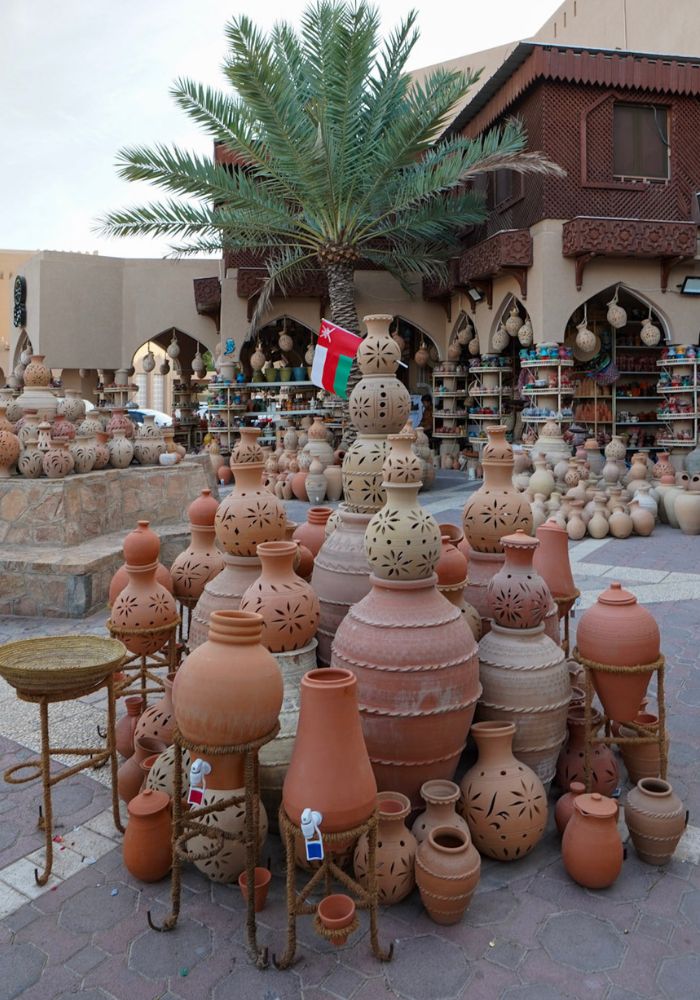 Local pottery for sale in a Nizwa souq.